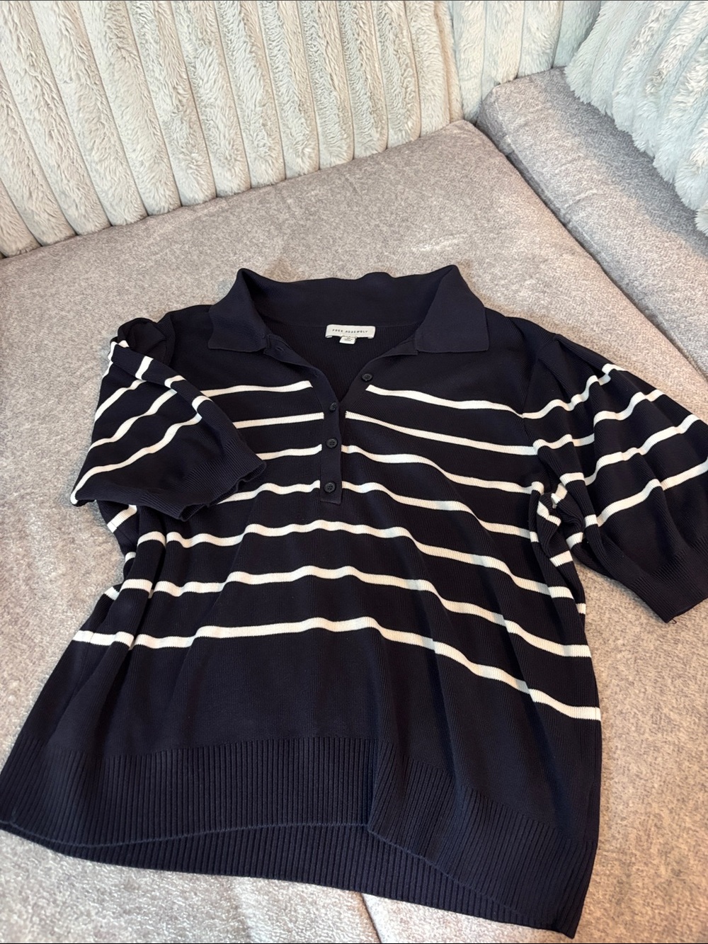 Striped Polo Short Sleeve Sweater Top - Navy & White